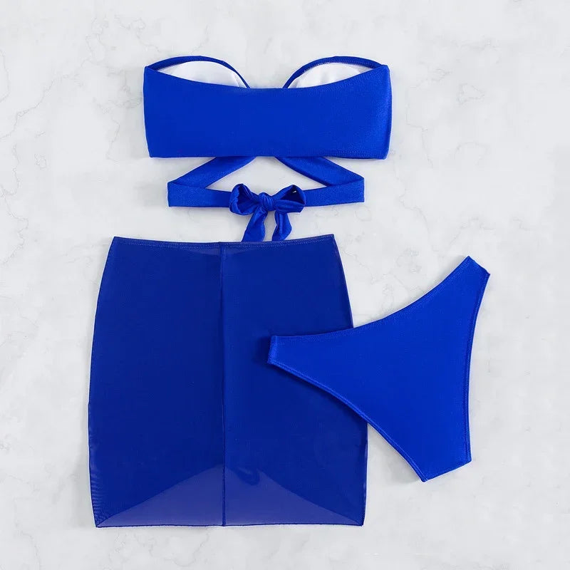 Blue Bandeau Swimwear Mesh Cover Up Three Piece Bikinis Sets