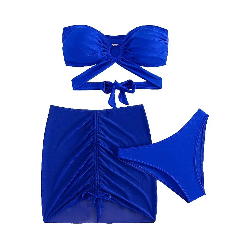 Blue Bandeau Swimwear Mesh Cover Up Three Piece Bikinis Sets
