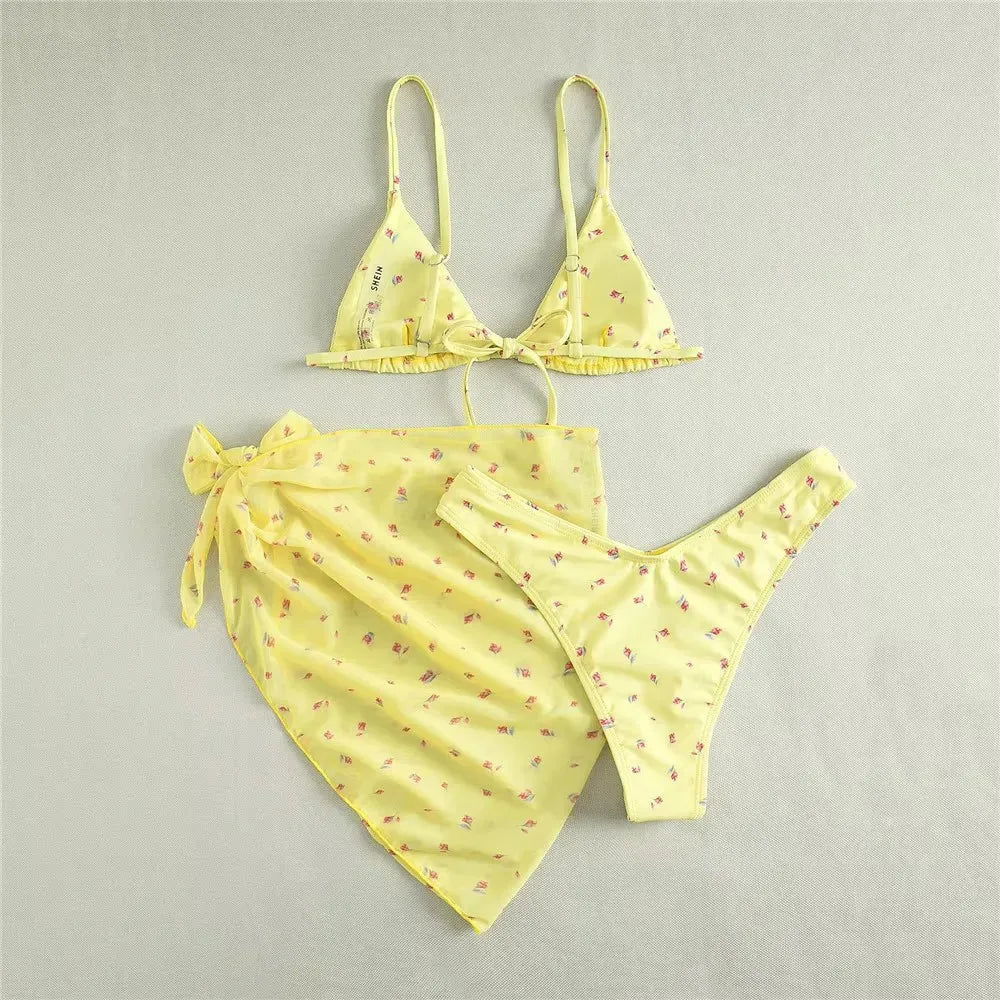 Blue Floral Print String Triangle 3 Piece Bikini Set