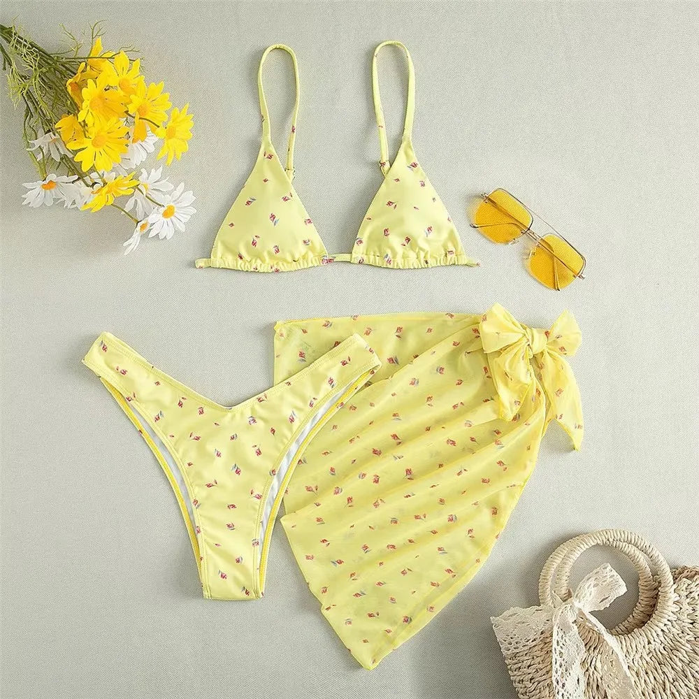 Blue Floral Print String Triangle 3 Piece Bikini Set
