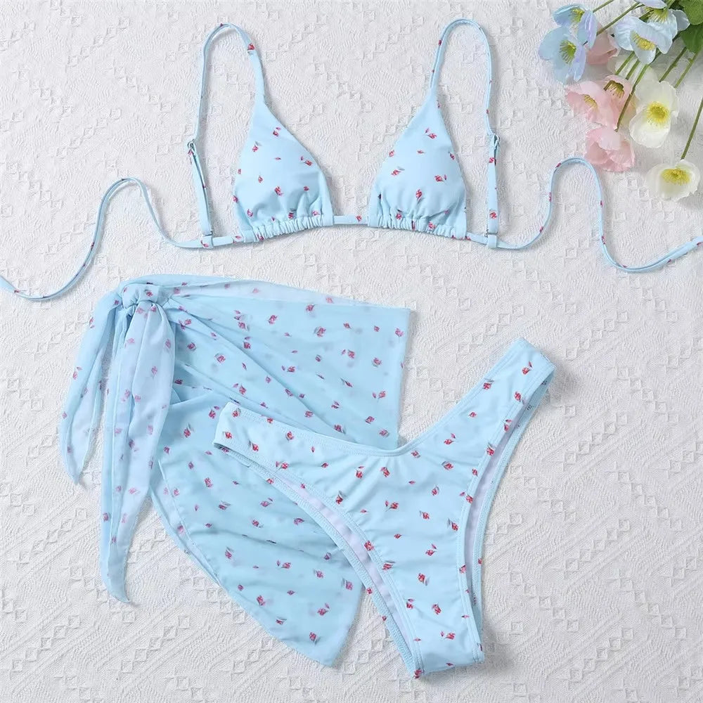 Blue Floral Print String Triangle 3 Piece Bikini Set