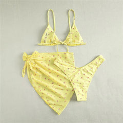 Blue Floral Print String Triangle 3 Piece Bikini Set