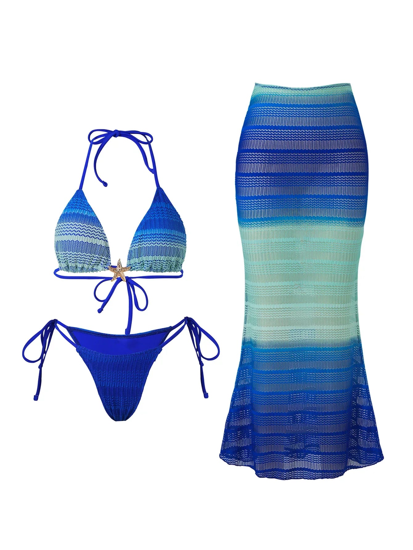 Blue Gradient Striped Bikini Set