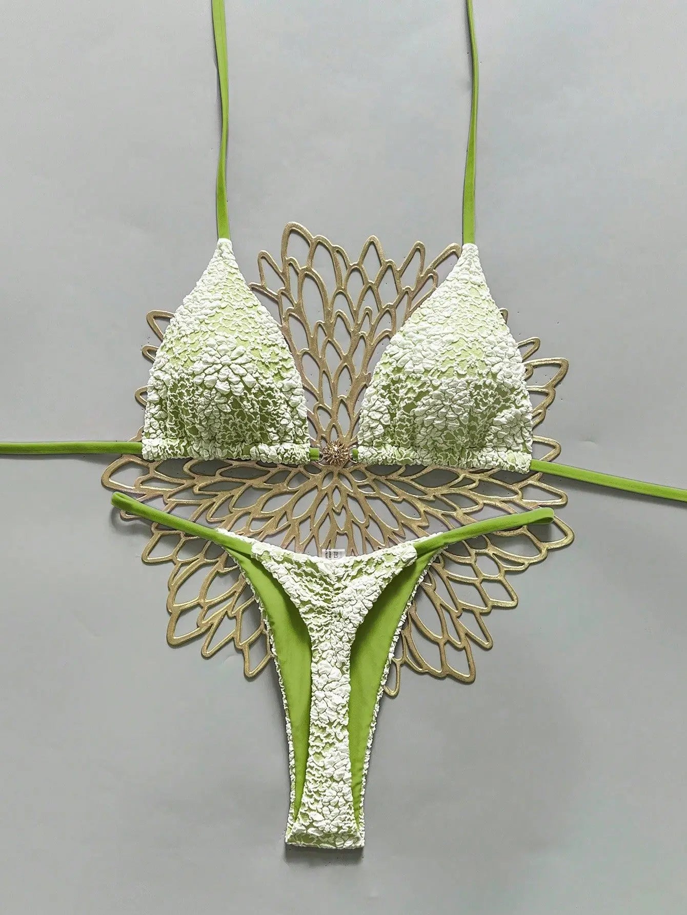 Blue Green Lace Patchwork Micro Bikini Halter Push Up Bra Thong Swimsuit Beach Bathing Suit Vacation Swimwear