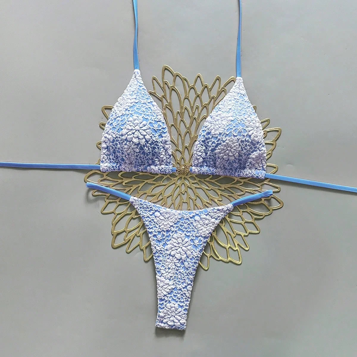 Blue Green Lace Patchwork Micro Bikini Halter Push Up Bra Thong Swimsuit Beach Bathing Suit Vacation Swimwear