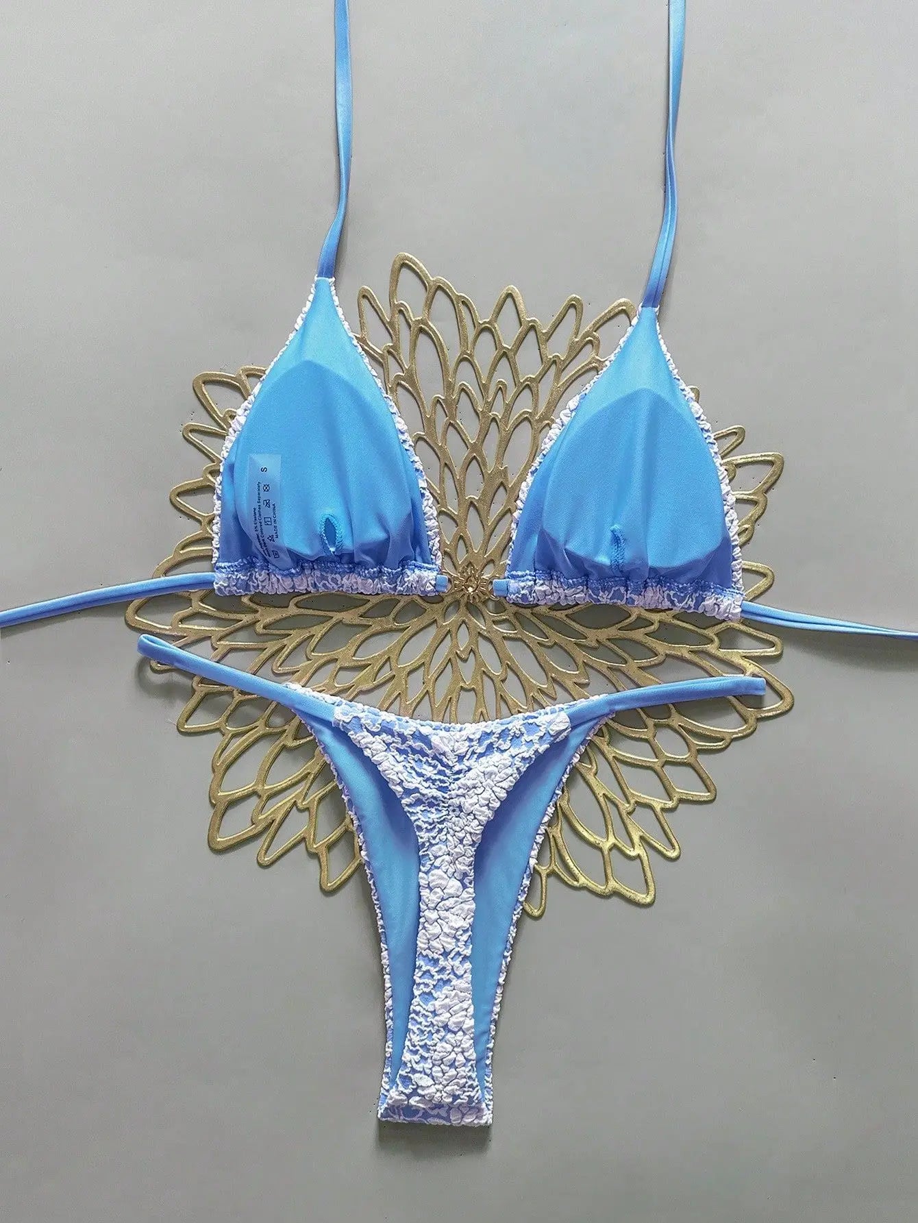 Blue Green Lace Patchwork Micro Bikini Halter Push Up Bra Thong Swimsuit Beach Bathing Suit Vacation Swimwear