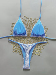 Blue Green Lace Patchwork Micro Bikini Halter Push Up Bra Thong Swimsuit Beach Bathing Suit Vacation Swimwear