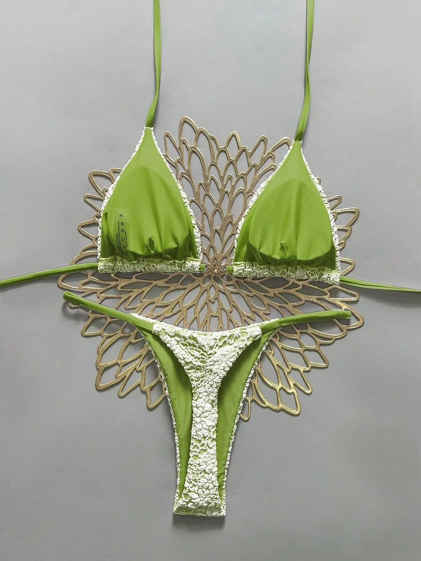 Blue Green Lace Patchwork Micro Bikini Halter Push Up Bra Thong Swimsuit Beach Bathing Suit Vacation Swimwear