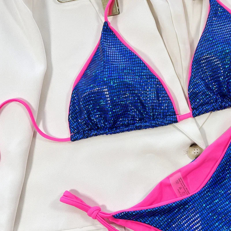 Blue Shiny Swimsuit 2 Piece Bikini Suspender Triangle Cup Swimwear Beach Bathing Suit Low Waist Thong Monokini