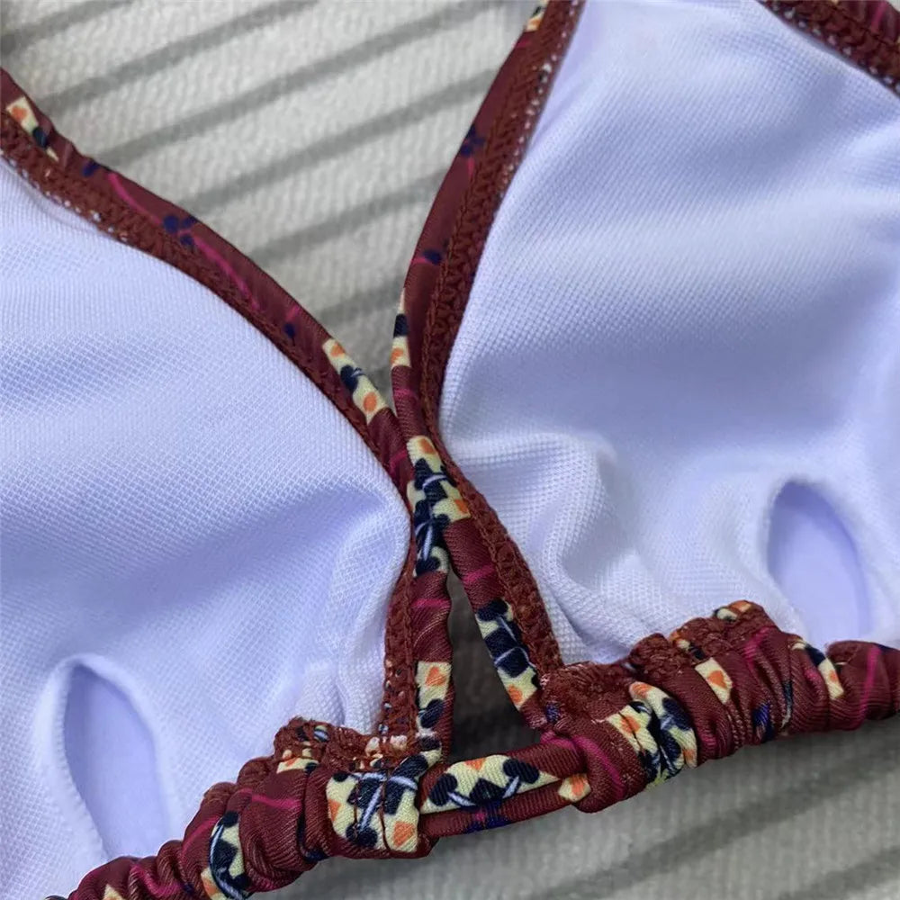 Brown Floral Print String Halter Triangle Bikini Micro Thong Swimsuits Swimwear Bathing Suit Bikinis Sets