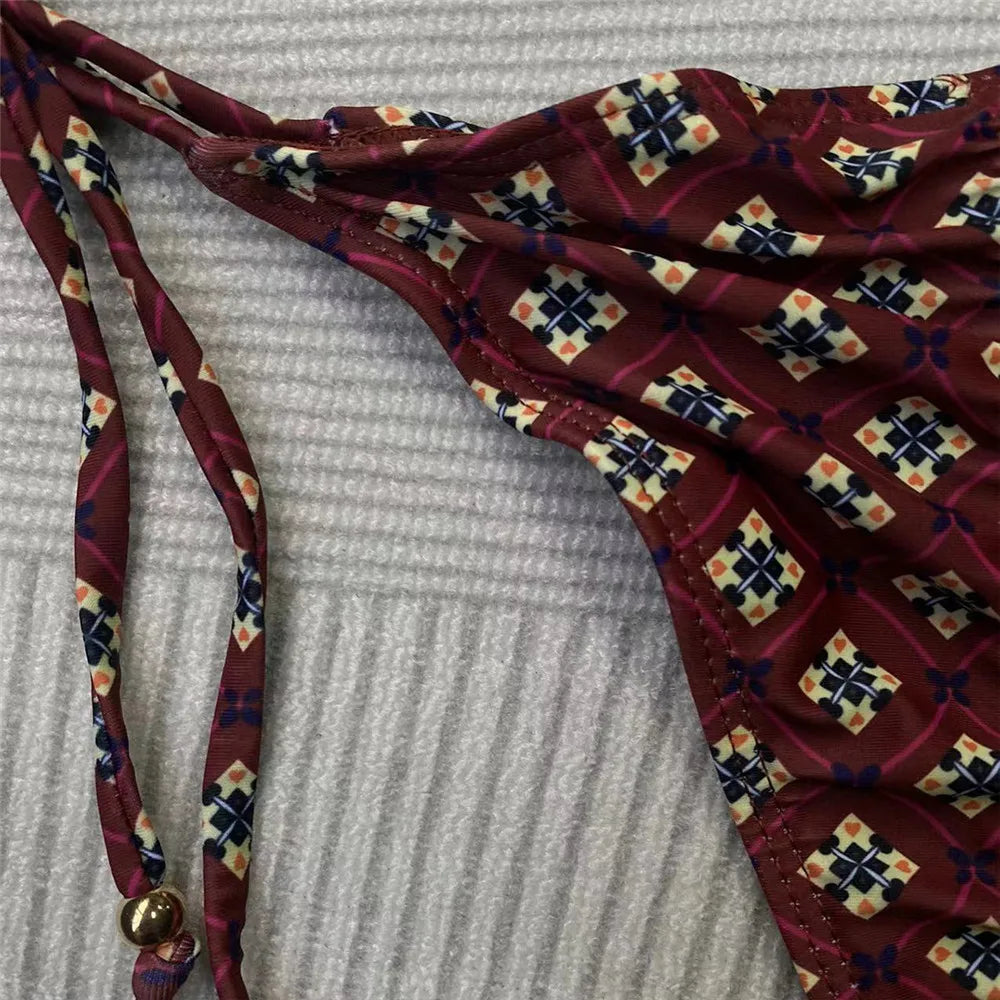 Brown Floral Print String Halter Triangle Bikini Micro Thong Swimsuits Swimwear Bathing Suit Bikinis Sets