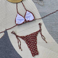 Brown Floral Print String Halter Triangle Bikini Micro Thong Swimsuits Swimwear Bathing Suit Bikinis Sets