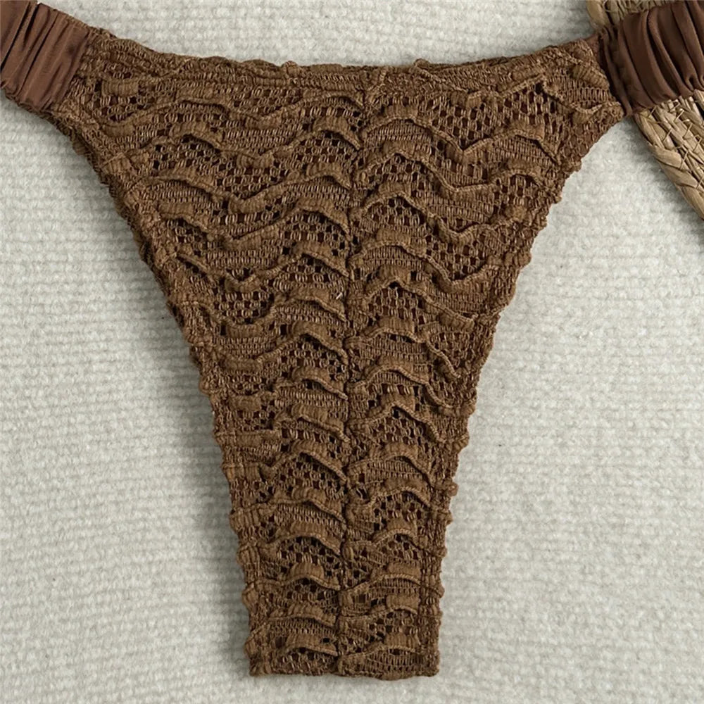 Brown Lace Mesh Swimwear Triangle Halter Bead String Bikinis Sets