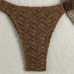Brown Lace Mesh Swimwear Triangle Halter Bead String Bikinis Sets
