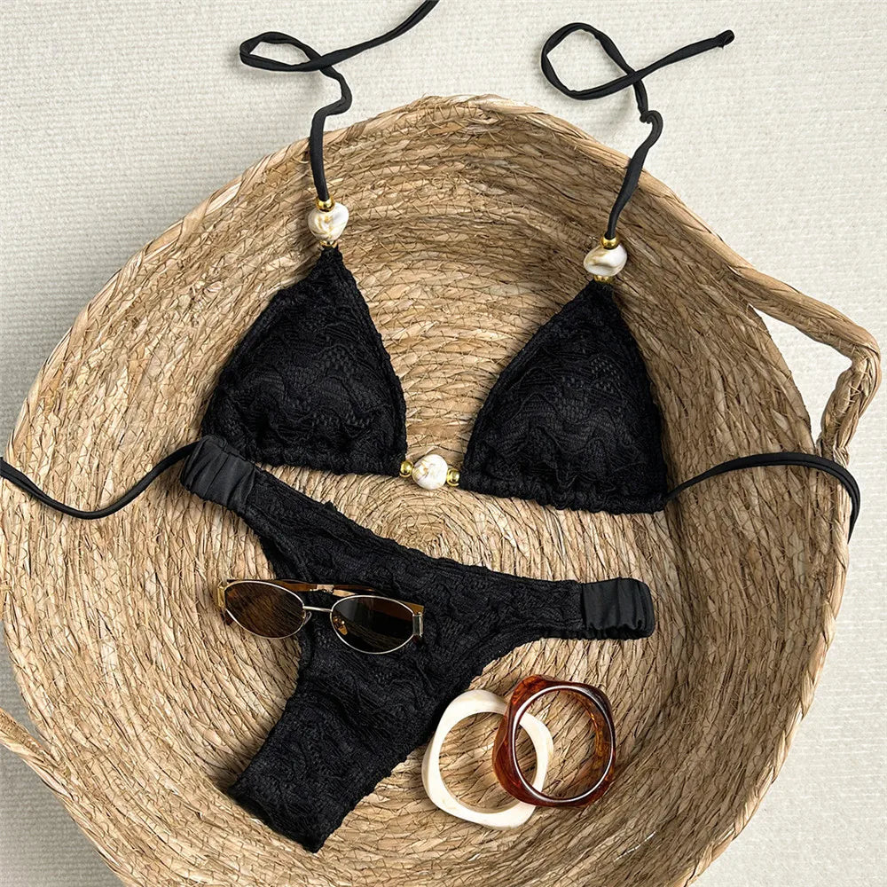 Brown Lace Mesh Swimwear Triangle Halter Bead String Bikinis Sets