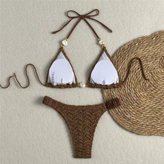 Brown Lace Mesh Swimwear Triangle Halter Bead String Bikinis Sets