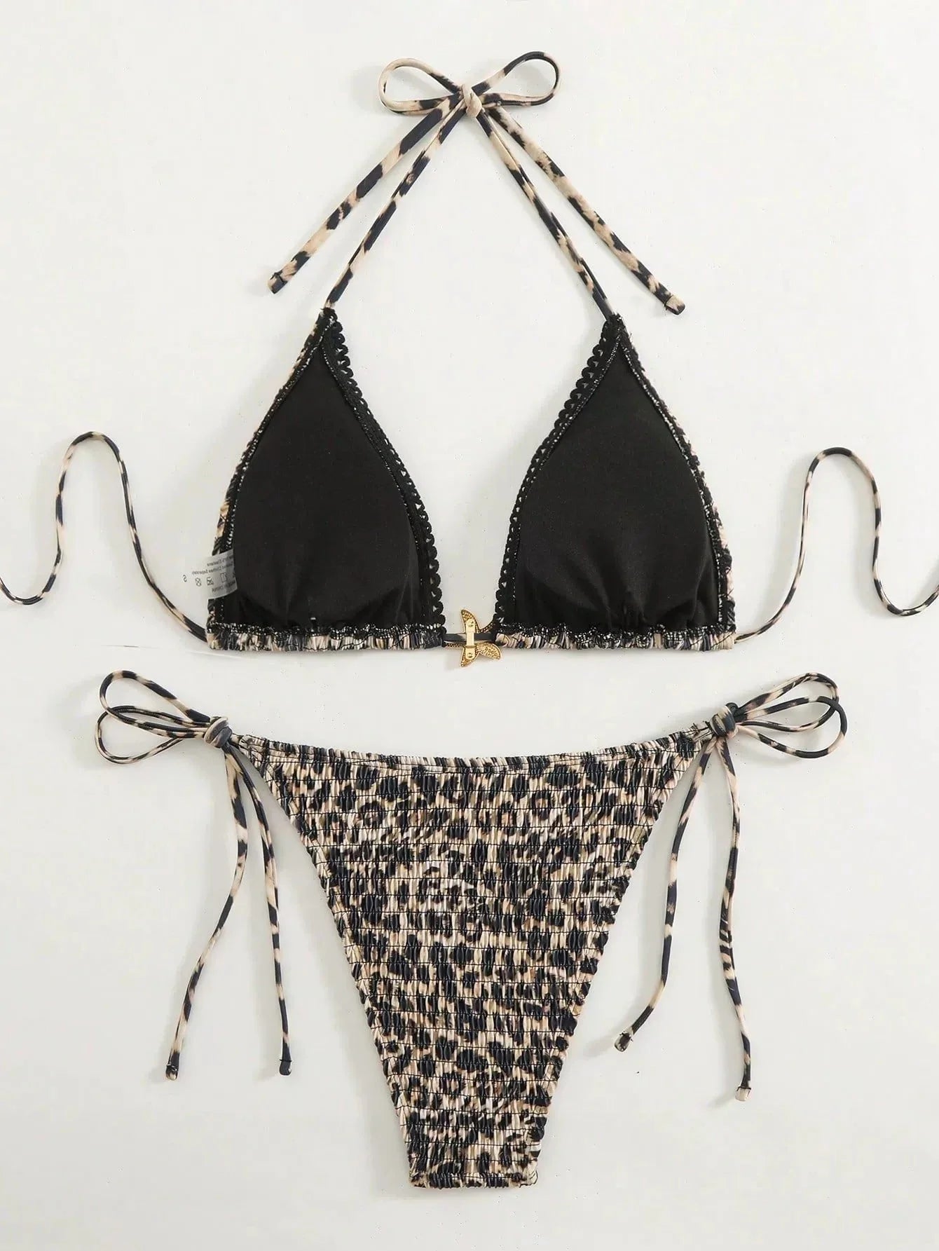 Brown Leopard Print Bikini Metal Starfish Pleate Push Up Tie Side Thong Swimsuit Beach Bathing Suit Swimwear