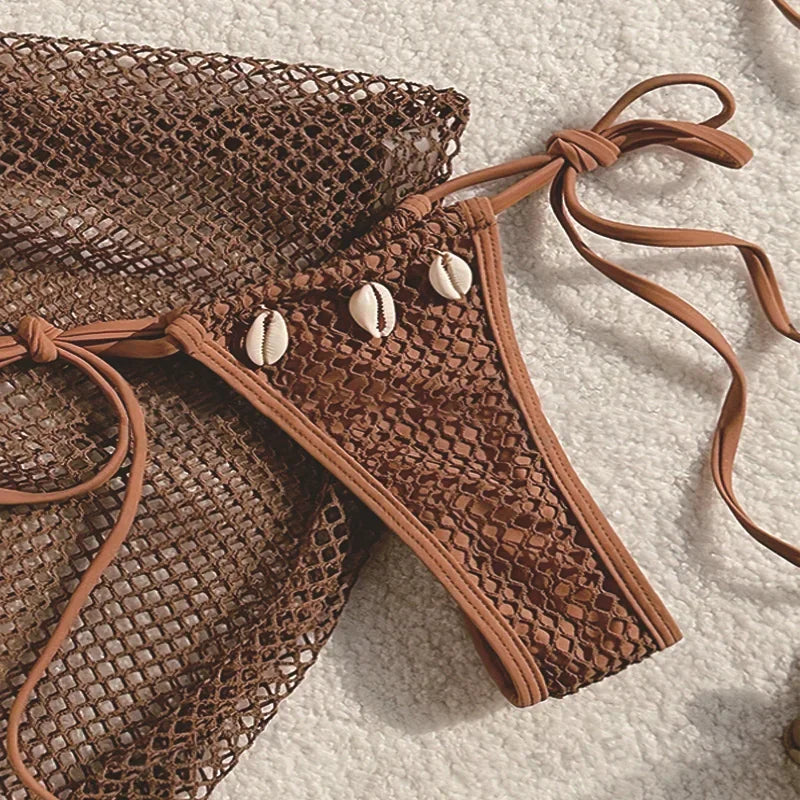 Brown Mesh Swimsuit Cover Ups Triangle String Micro Bikini Thong Halter Swimwear Bathing Suit 3 Piece Bikini Set