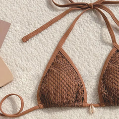 Brown Mesh Swimsuit Cover Ups Triangle String Micro Bikini Thong Halter Swimwear Bathing Suit 3 Piece Bikini Set