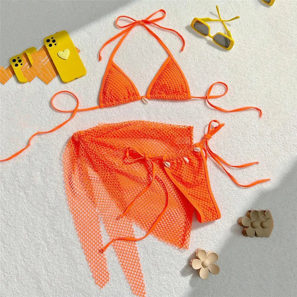 Brown Mesh Swimsuit Cover Ups Triangle String Micro Bikini Thong Halter Swimwear Bathing Suit 3 Piece Bikini Set