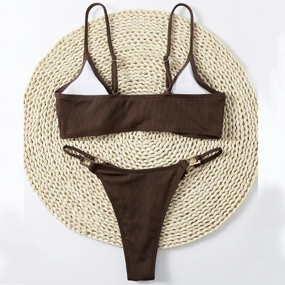 Brown Ribbed Swimwear Micro Thong Bikinis Sets