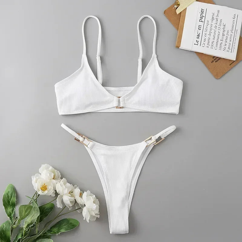 Brown Ribbed Swimwear Micro Thong Bikinis Sets