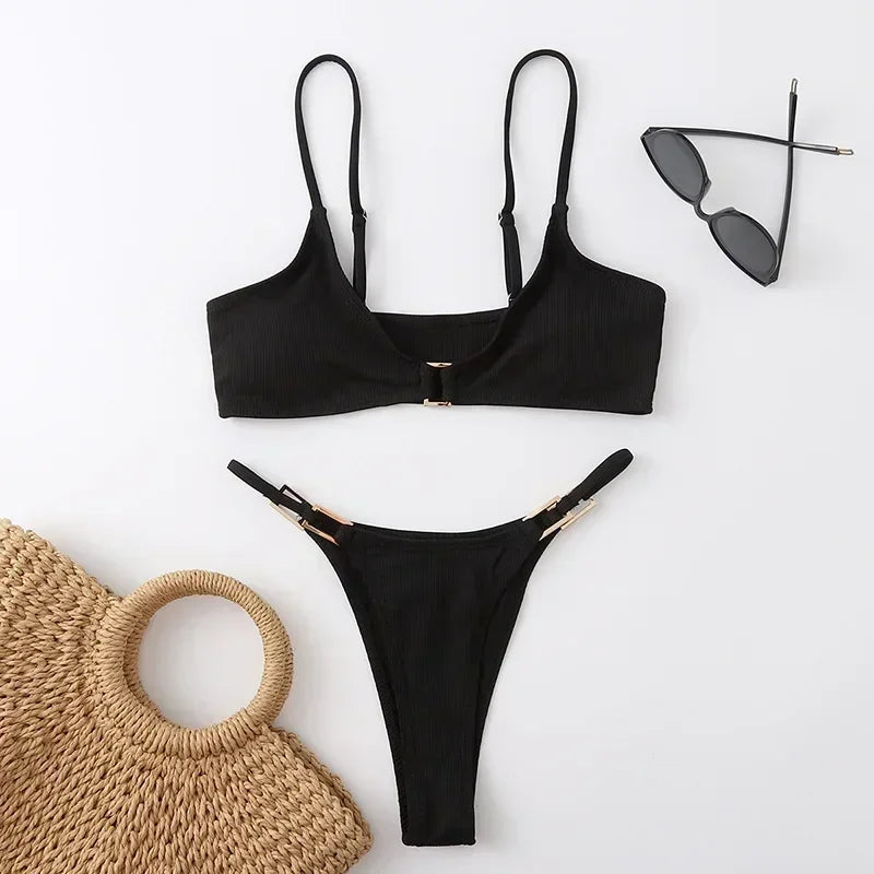 Brown Ribbed Swimwear Micro Thong Bikinis Sets