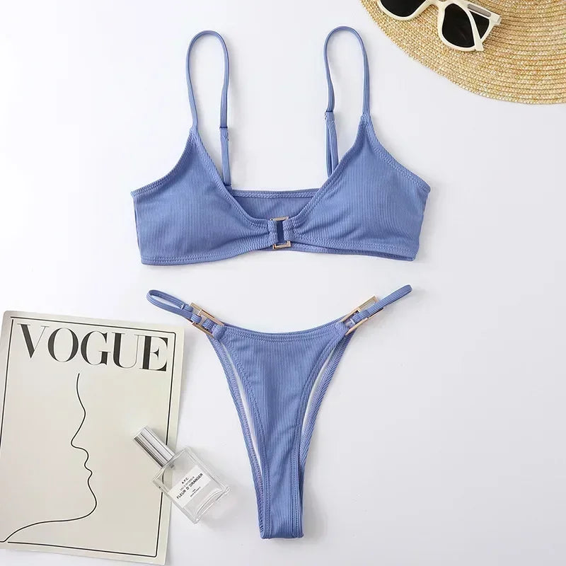 Brown Ribbed Swimwear Micro Thong Bikinis Sets