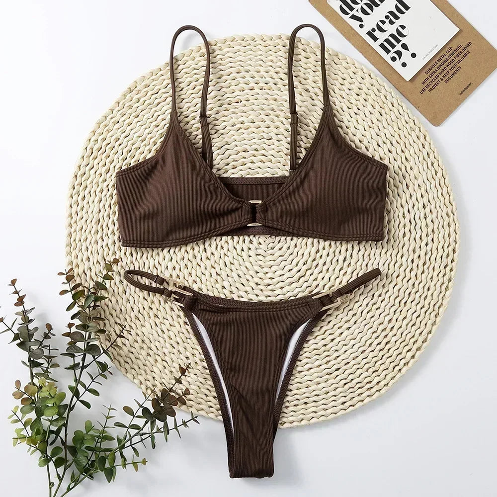 Brown Ribbed Swimwear Micro Thong Bikinis Sets