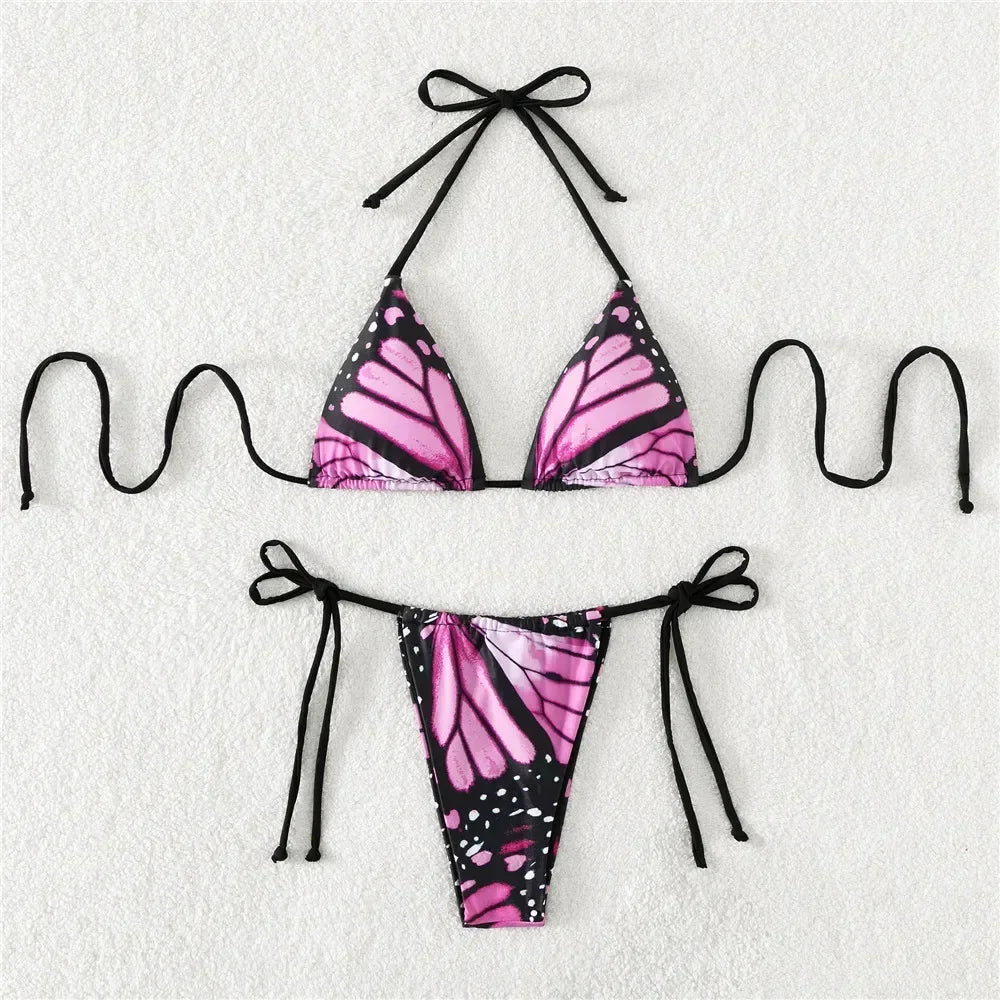 Butterfly Print Swimwear String Bikinis Set