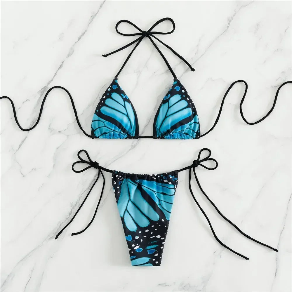 Butterfly Print Swimwear String Bikinis Set