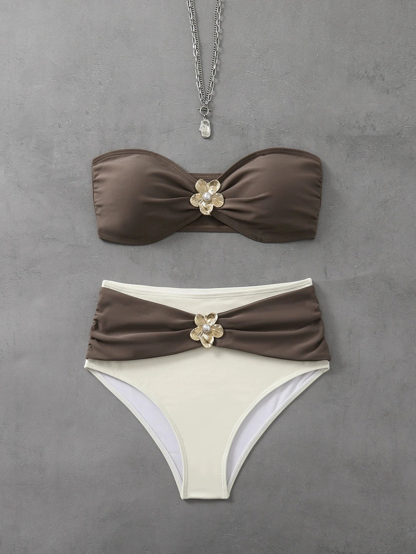Coffee Patchwork Swimwear Metal Flower Pleate Push Up High Waist Bikini Set