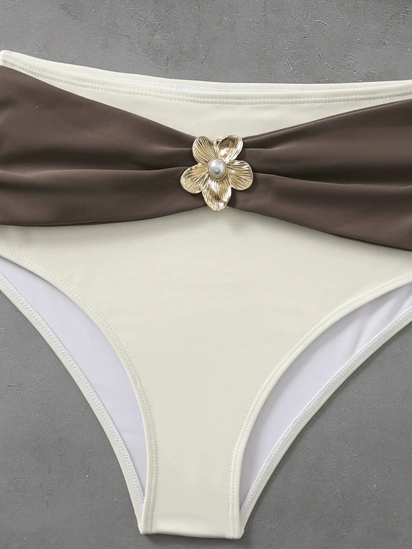 Coffee Patchwork Swimwear Metal Flower Pleate Push Up High Waist Bikini Set