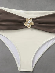 Coffee Patchwork Swimwear Metal Flower Pleate Push Up High Waist Bikini Set