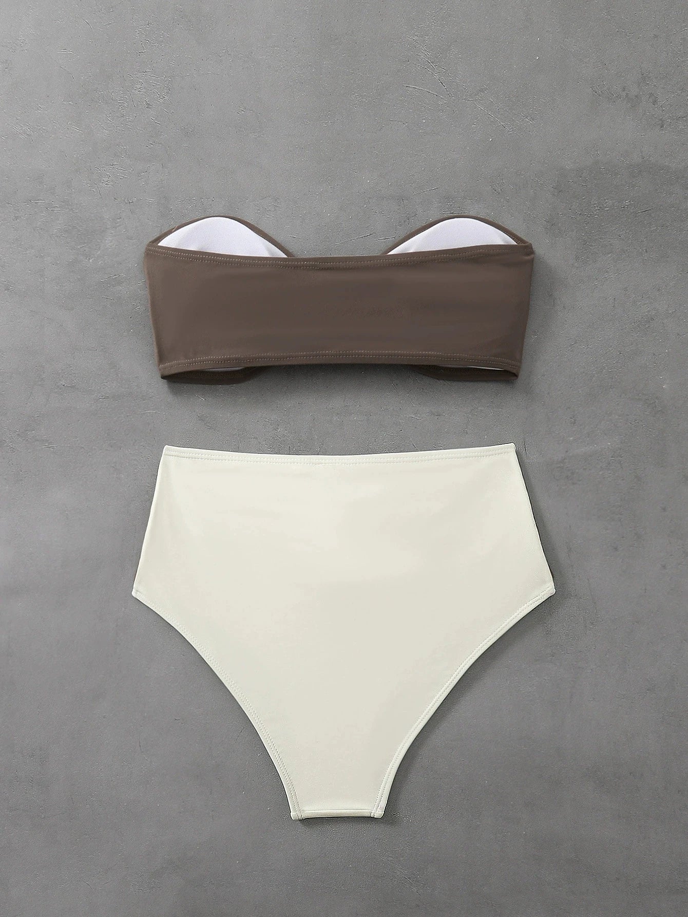 Coffee Patchwork Swimwear Metal Flower Pleate Push Up High Waist Bikini Set