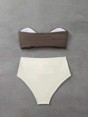 Coffee Patchwork Swimwear Metal Flower Pleate Push Up High Waist Bikini Set