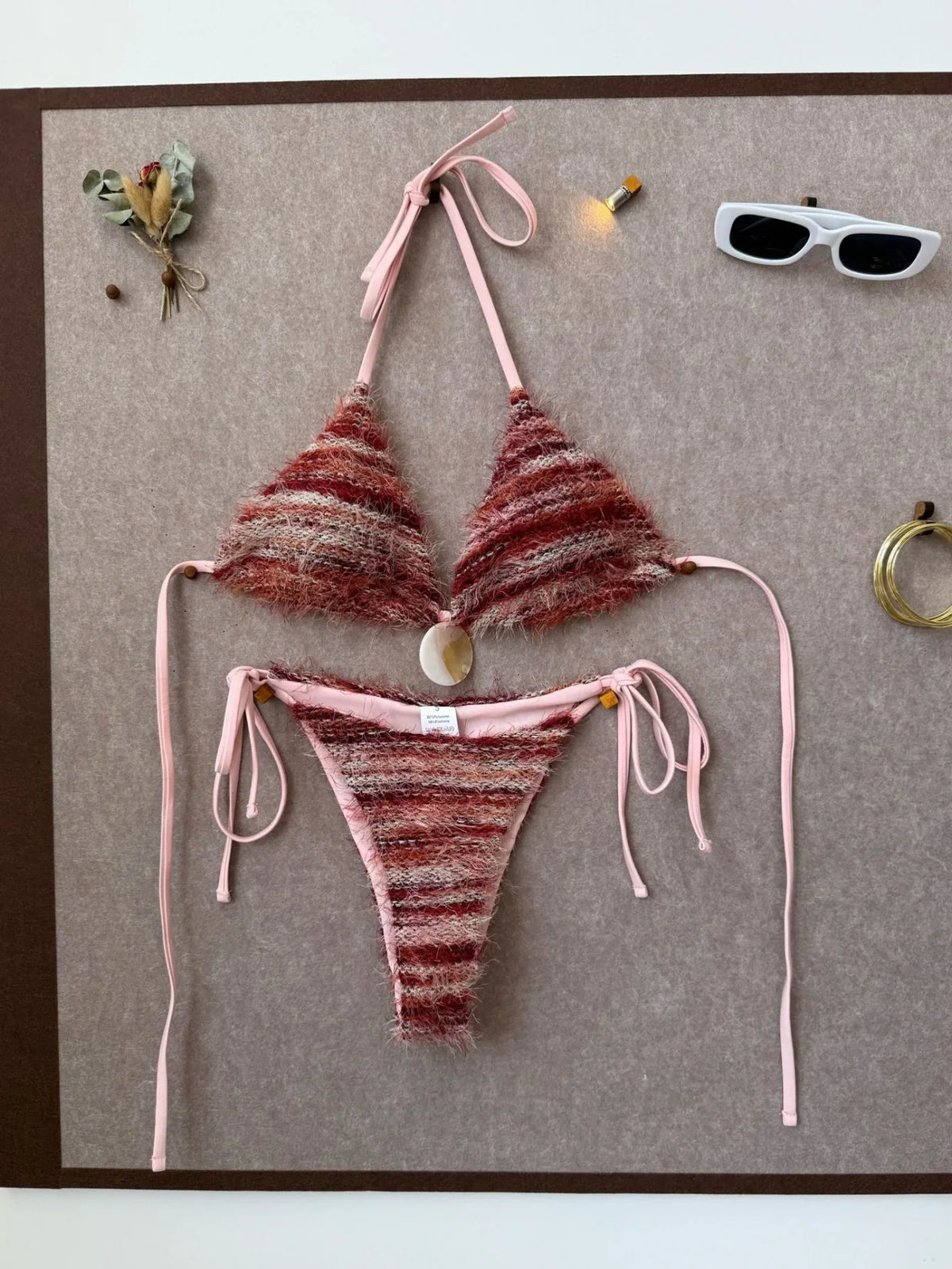 Coffee Striped Micro Bikini Towel Cloth Circle Push Up Bra Tie Side Thong Swimsuit Bathing Suit