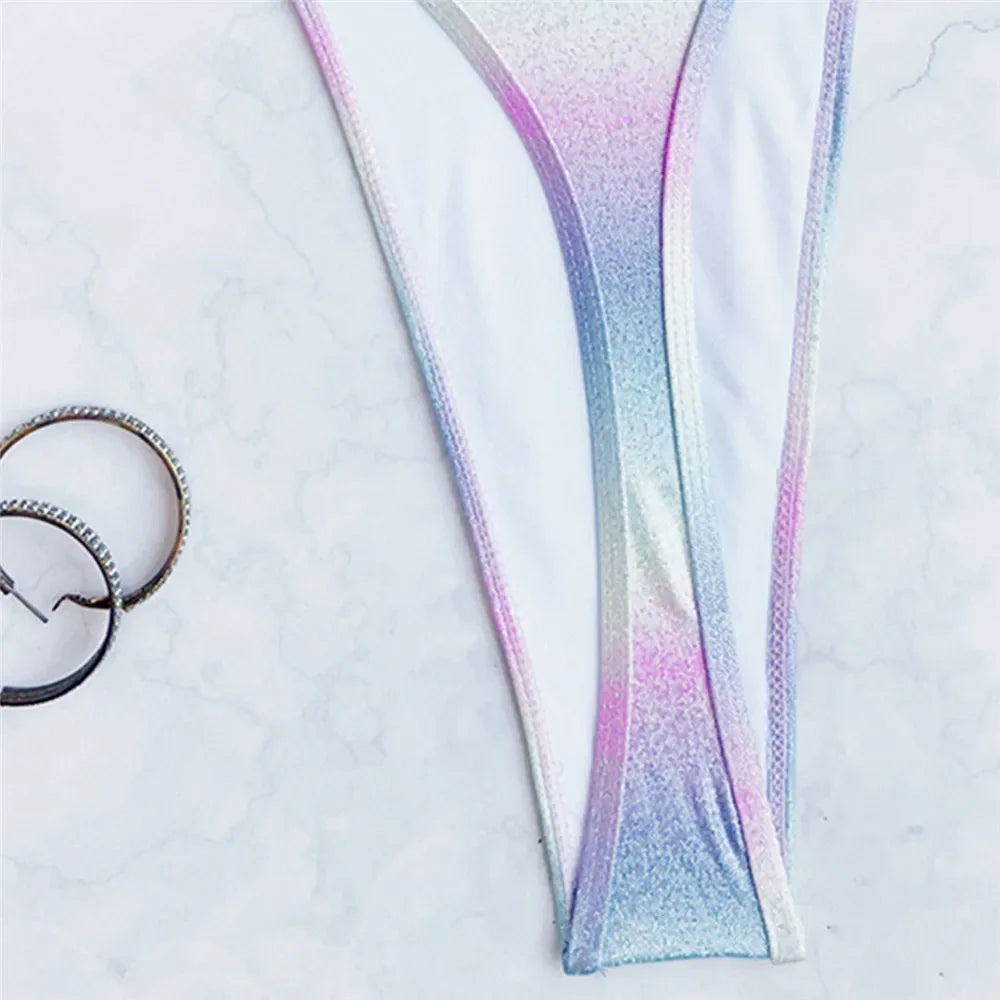 Color Shiny Bikini Swimsuit One Piece Swimwear String Thong Backless Monokini High Cut Bathing Swimming Suits Wear