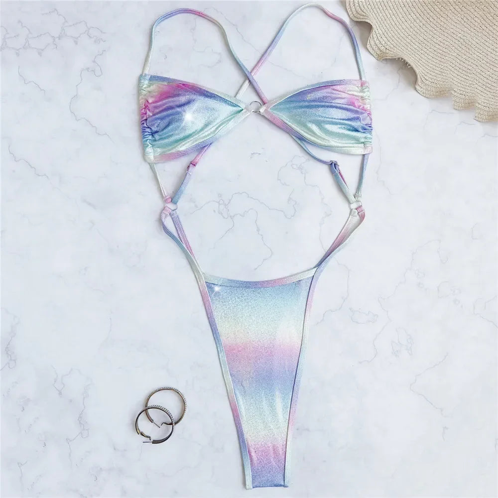 Color Shiny Bikini Swimsuit One Piece Swimwear String Thong Backless Monokini High Cut Bathing Swimming Suits Wear