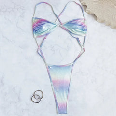 Color Shiny Bikini Swimsuit One Piece Swimwear String Thong Backless Monokini High Cut Bathing Swimming Suits Wear