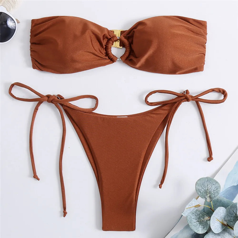 Diamond Ring Brown Ruched Swimwear Bandeau Bikinis Sets