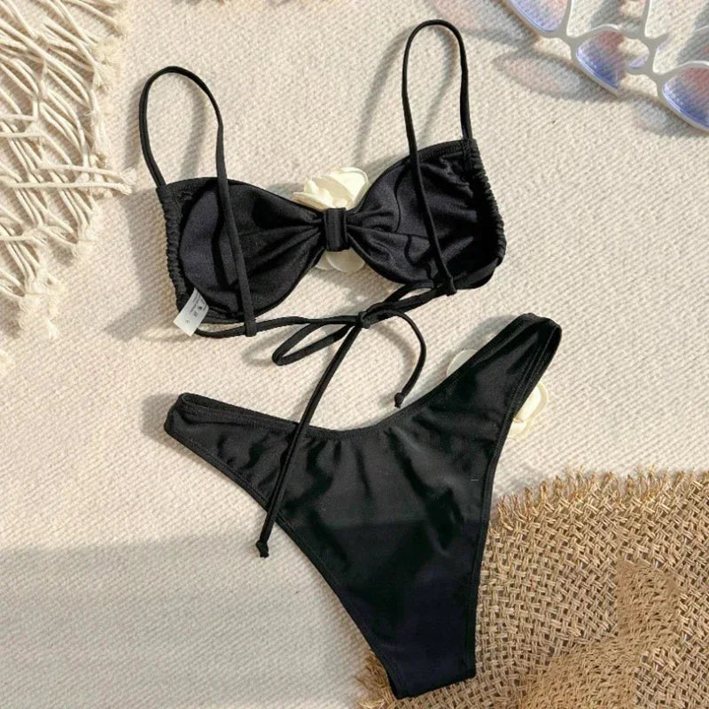 Flower Bandeau Swimwear Thong Bikini Lace-up Swimsuit Swimming Bathing Suit Brazilian Bikinis Sets