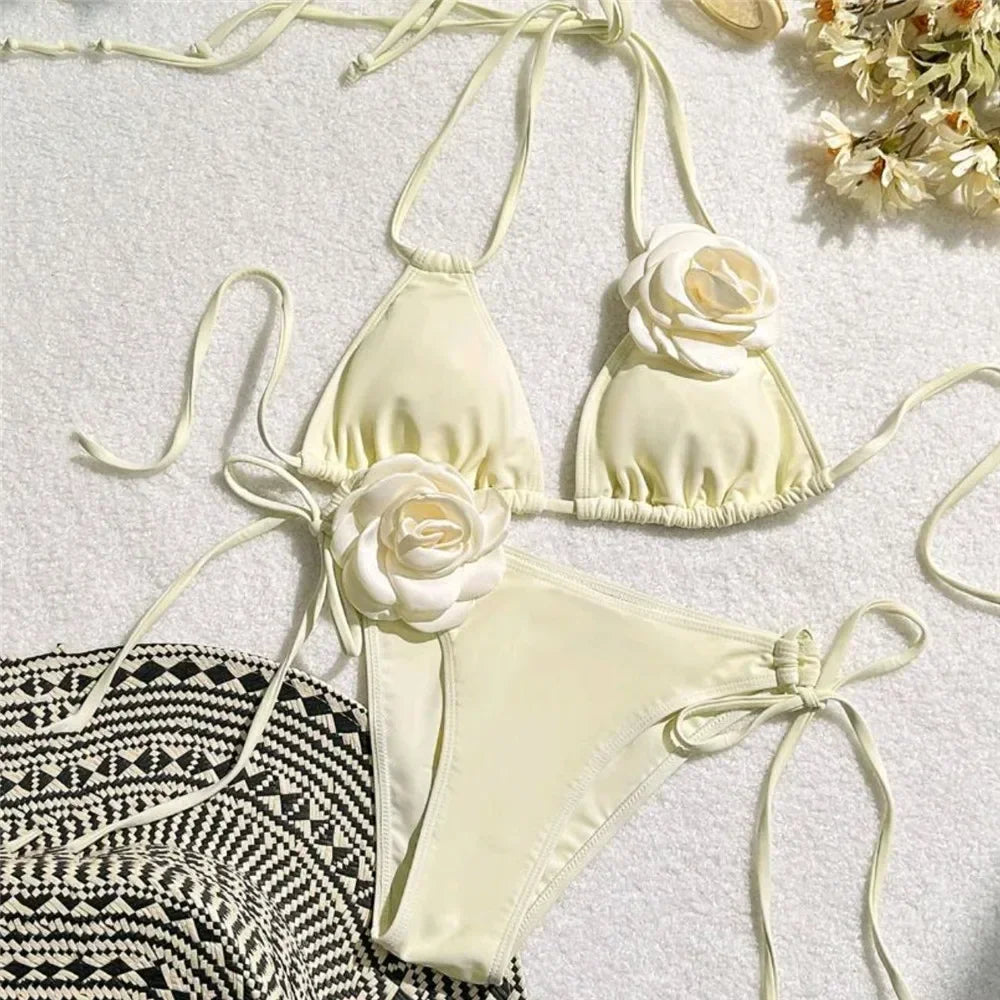 Flower Bandeau Swimwear Thong Bikini Lace-up Swimsuit Swimming Bathing Suit Brazilian Bikinis Sets