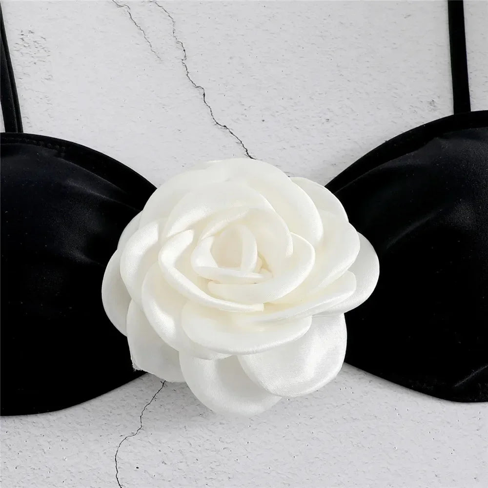 Flower Bandeau Swimwear Thong Bikini Lace-up Swimsuit Swimming Bathing Suit Brazilian Bikinis Sets