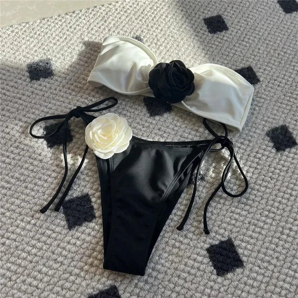 Flower Bandeau Swimwear Thong Bikini Lace-up Swimsuit Swimming Bathing Suit Brazilian Bikinis Sets