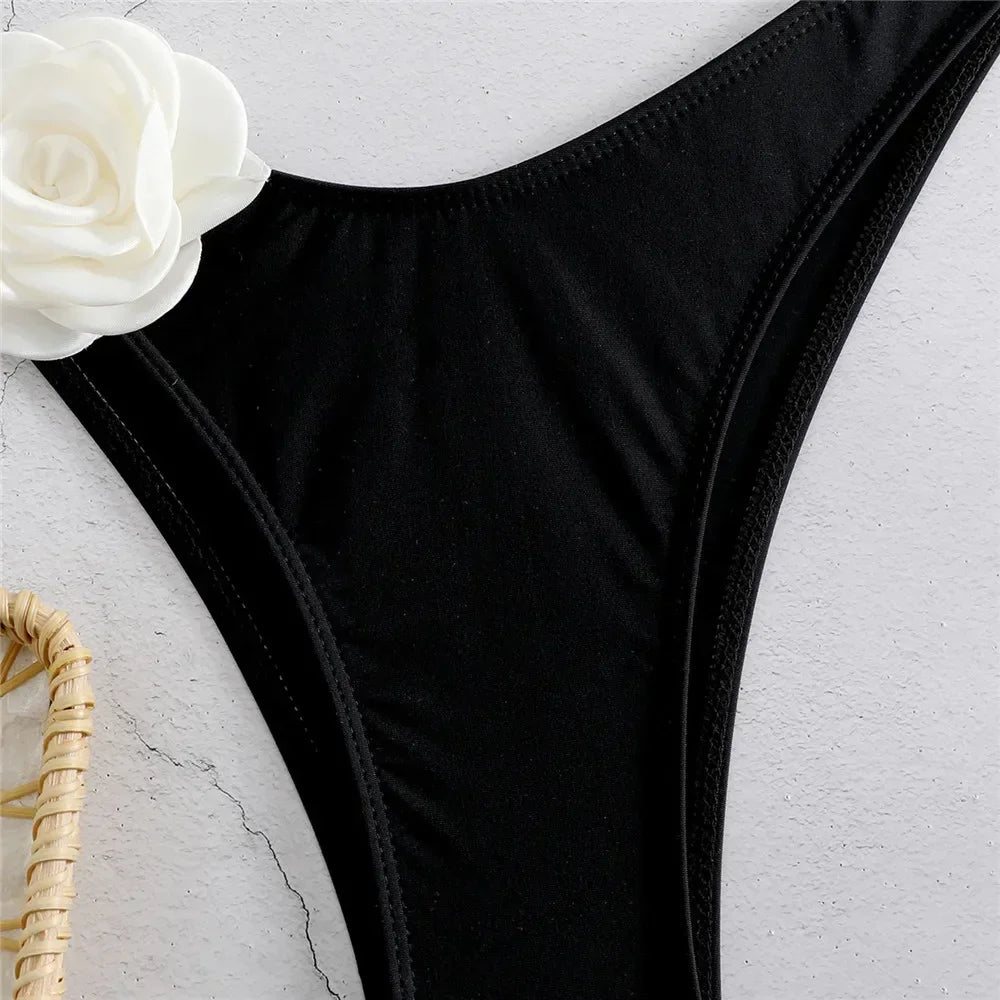 Flower Bandeau Swimwear Thong Bikini Lace-up Swimsuit Swimming Bathing Suit Brazilian Bikinis Sets