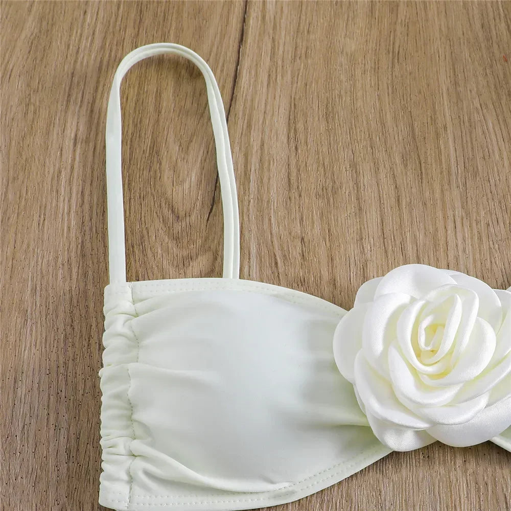 Flower Bandeau Swimwear Thong Bikini Lace-up Swimsuit Swimming Bathing Suit Brazilian Bikinis Sets