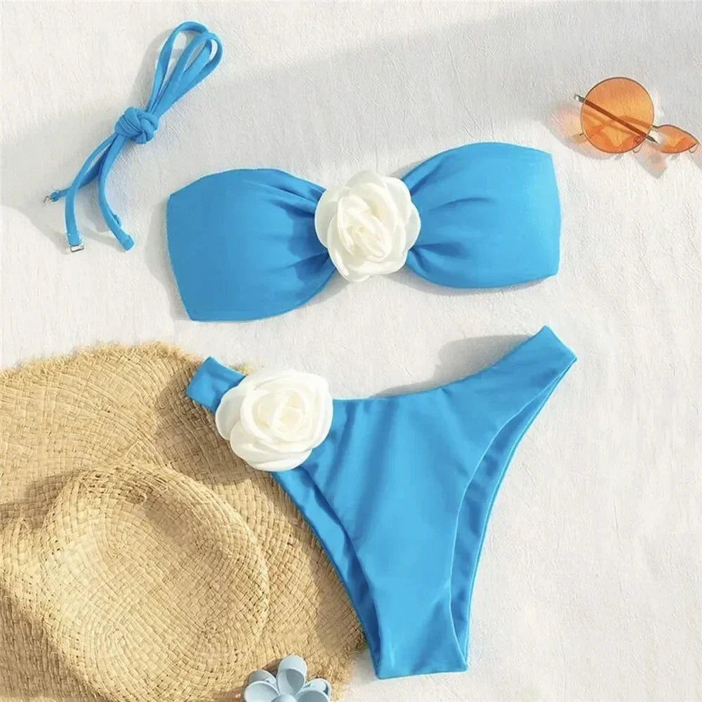 Flower Bandeau Swimwear Thong Bikini Lace-up Swimsuit Swimming Bathing Suit Brazilian Bikinis Sets