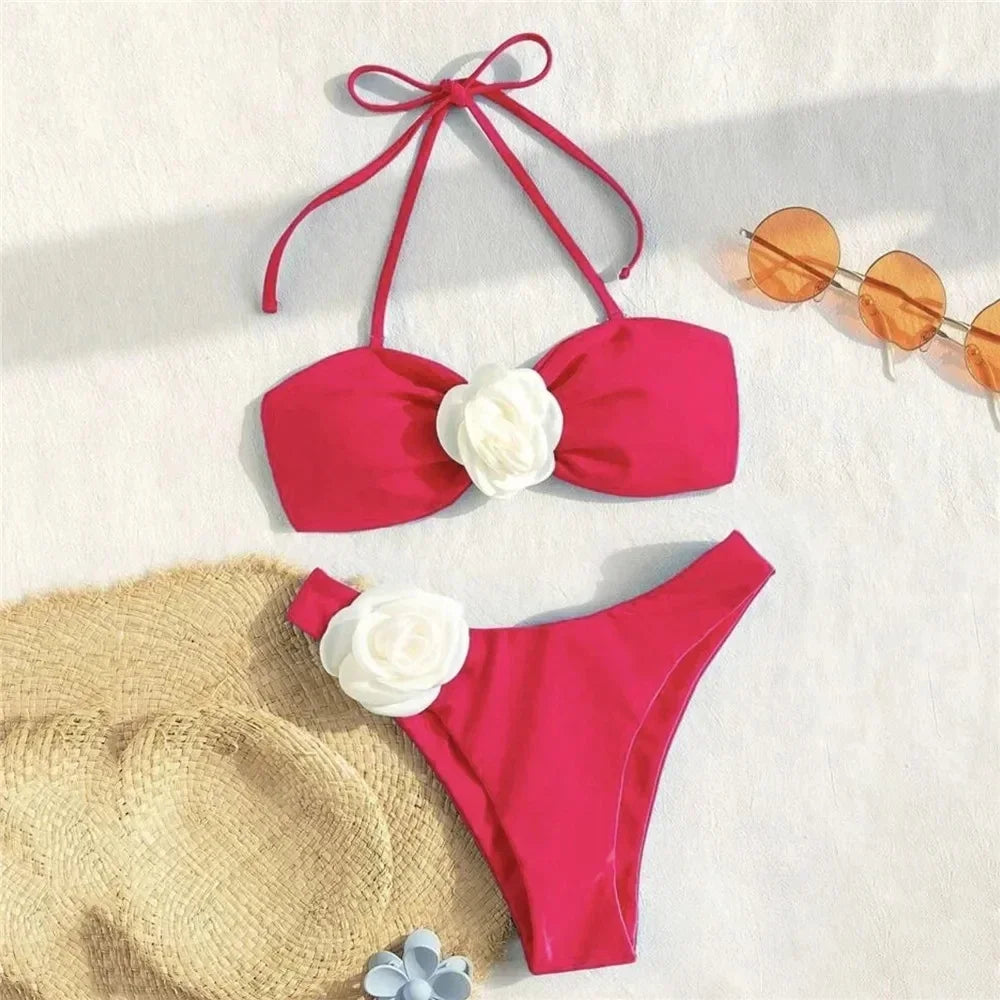 Flower Bandeau Swimwear Thong Bikini Lace-up Swimsuit Swimming Bathing Suit Brazilian Bikinis Sets