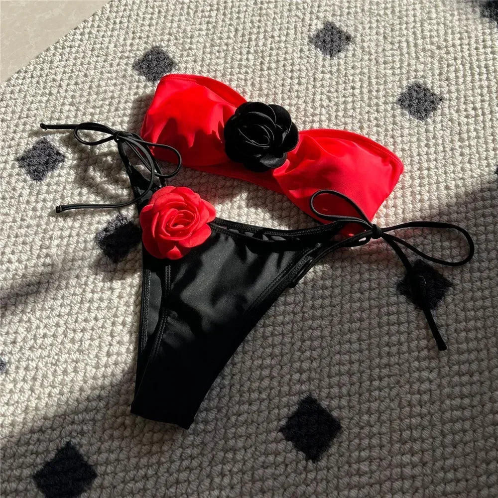 Flower Bandeau Swimwear Thong Bikini Lace-up Swimsuit Swimming Bathing Suit Brazilian Bikinis Sets